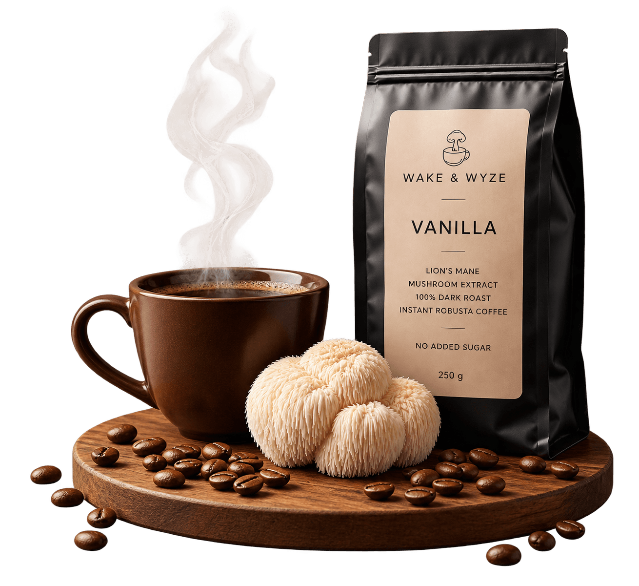 Wake & Wyze specialty coffee pouch and cup with Lion's Mane mushroom, steam, coffee beans, and wooden tray